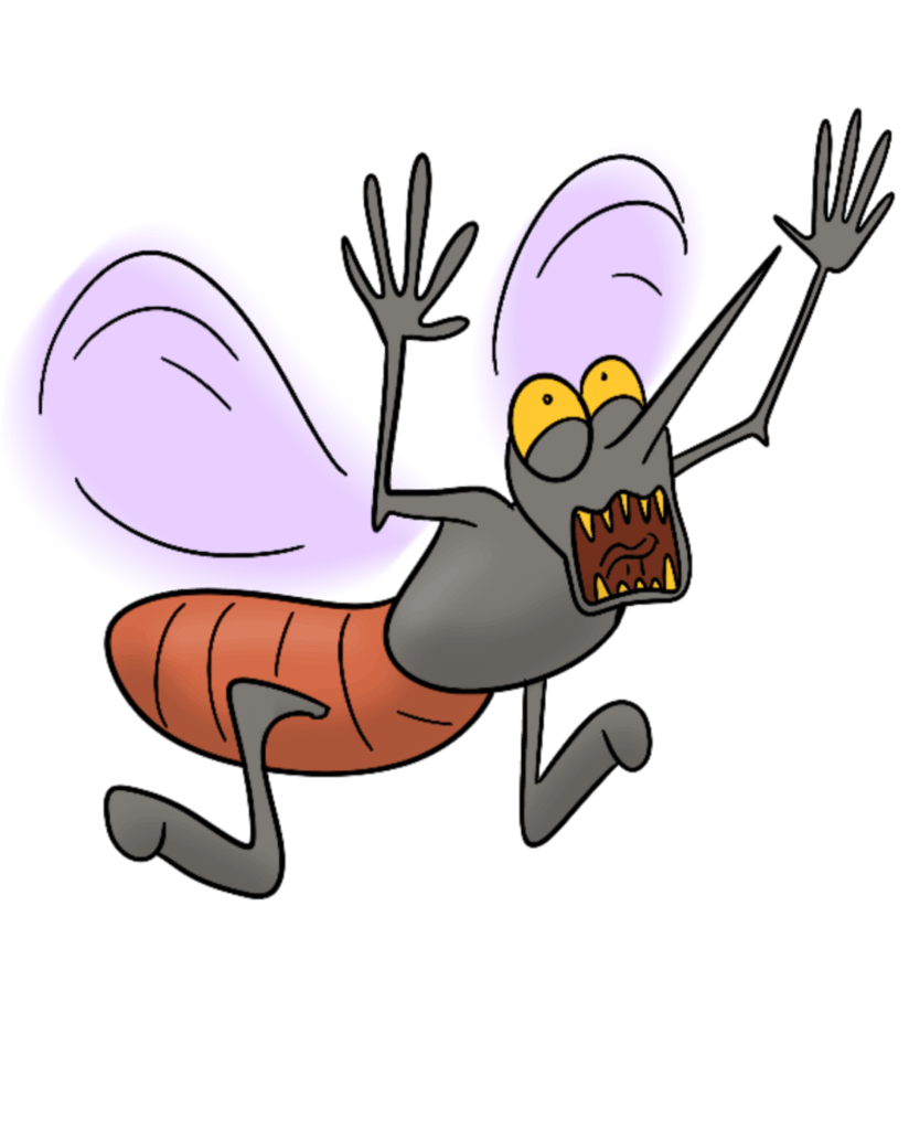 Mosquito facing right with an expression of fear.