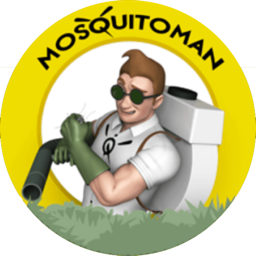 Logo of mosquito man with spraying machine.