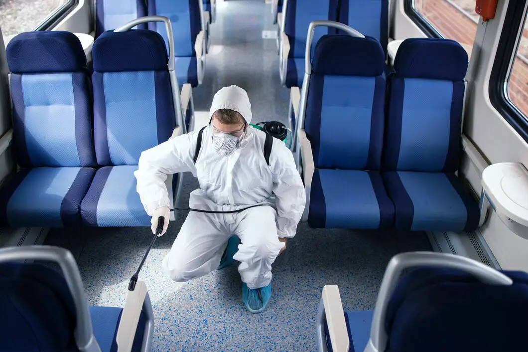 Man White Protection Suit Disinfecting Sanitizing Subway Train Interior Stop Spreading Highly Contagious Corona Virus 342744 476